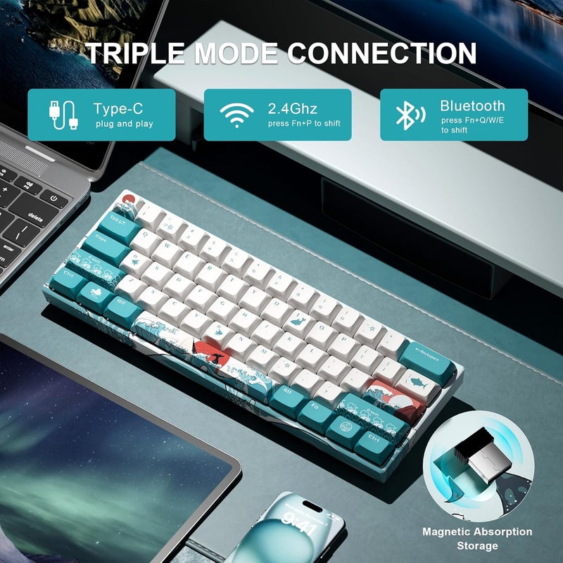 HITIME لوحة مفاتيح 60 بالمئة، XVX M61 Pro لوحة مفاتيح ميكانيكية لاسلكية بثلاثة أوضاع، لوحة مفاتيح مخصصة للألعاب قابلة للتبديل، بإضاءة خلفية RGB، للاعبين على أنظمة ويندوز وماك وPC (ثيم البحر المرجاني، مفتاح خطي مسبق التشحيم) - Image 2